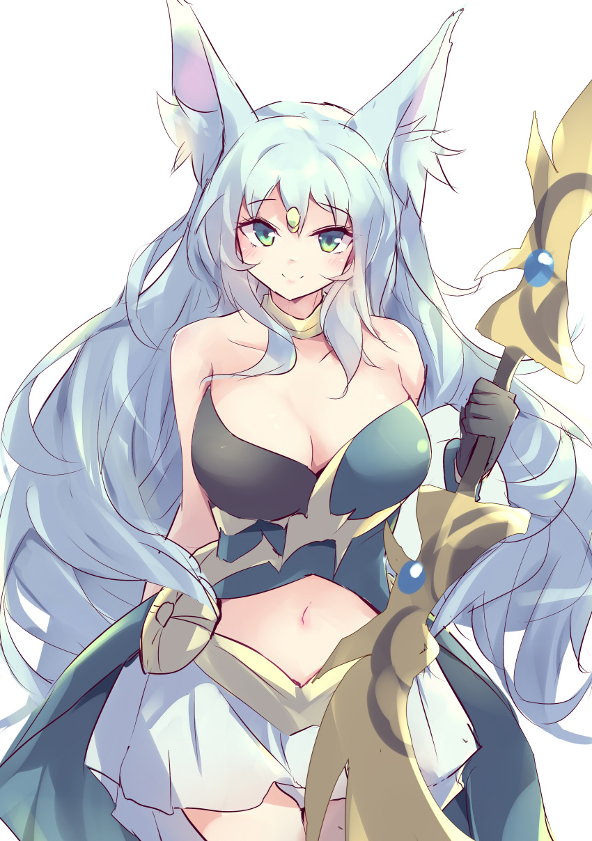 1girl absurdres animal_ear_fluff animal_ears apollousa_bow_of_the_goddess bare_shoulders black_gloves blue_hair blush bow_(weapon) breasts cleavage collar dress duel_monster gloves green_eyes highres holding holding_bow_(weapon) holding_weapon kanzakietc metal_collar midriff pleated_skirt skirt smile solo weapon white_skirt yu-gi-oh!