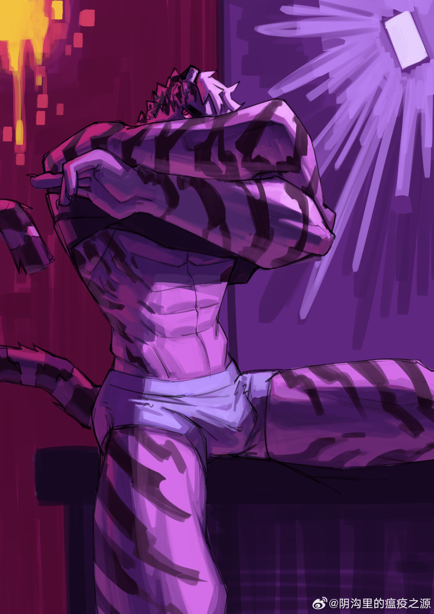 1boy abs absurdres animal_ears arknights bara boxers clothes_lift covered_face facial_hair furry furry_male goatee highres large_hands lifted_by_self looking_at_viewer male_focus male_underwear mountain_(arknights) muscular muscular_male purple_theme shirt_lift short_hair sideways_glance sitting sketch_background solo split_screen spread_legs stomach thick_eyebrows tiger_boy tiger_ears topless_male underpec underwear undressing white_hair yingou_li_de_wenyi_zhi_yuan