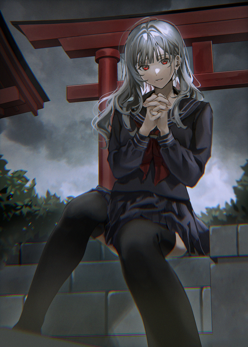 1girl absurdres black_sailor_collar black_serafuku black_skirt black_thighhighs chromatic_aberration cloud from_below grey_hair grey_sky highres hinako_95 light_particles long_hair long_sleeves looking_at_viewer mole mole_under_mouth neckerchief original outdoors overcast parted_lips pleated_skirt praying red_eyes red_neckerchief sailor_collar school_uniform serafuku sitting skirt sky solo stairs stone_stairs thighhighs torii tree zettai_ryouiki