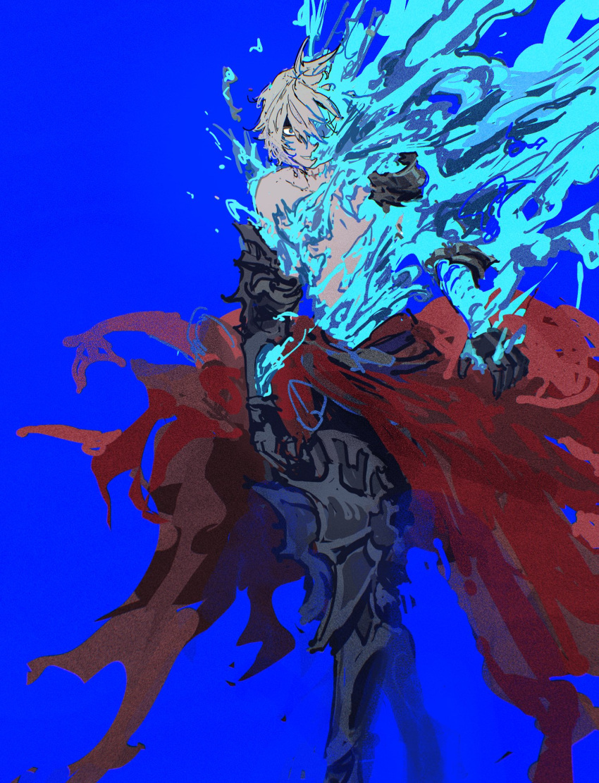 angry armor bare_shoulders belt bishounen black_footwear blue_background blue_fire boots cape energy english_commentary fire full_body granblue_fantasy hair_between_eyes highres leg_armor lucilius_(granblue_fantasy) messy_hair pale_skin red_cape scar scar_on_neck shaded_face short_hair shoulder_armor sketch thigh_boots topless_male torn_clothes wahoosandalphon walking white_hair