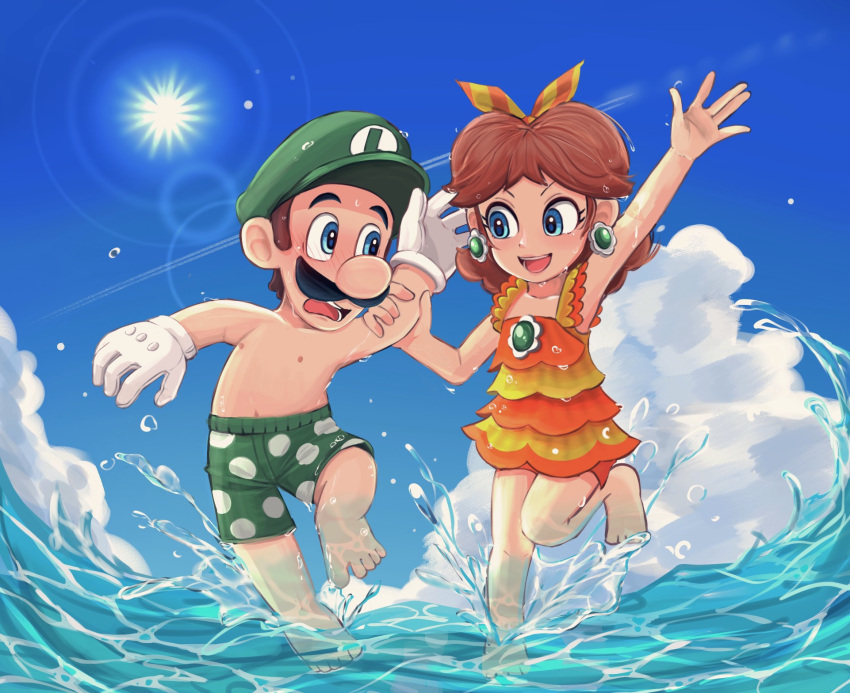 1boy 1girl :d arm_grab arm_up barefoot blue_eyes blue_sky blush brown_hair cloud commentary_request contrail day earrings facial_hair feet flower_earrings gloves green_headwear green_shorts green_swim_trunks hair_ribbon hat highres hiyashimeso jewelry leg_up looking_at_another luigi male_swimwear mario_(series) medium_hair mustache nose_blush open_mouth orange_ribbon outdoors polka_dot polka_dot_shorts princess_daisy ribbon short_hair shorts sky smile splashing striped_ribbon sun swim_trunks teeth toes topless_male wading water water_drop wet white_gloves yellow_ribbon