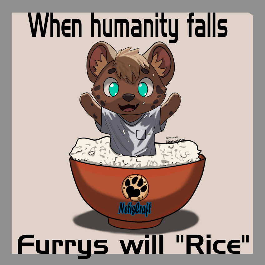 anthro big_eyes bowl chibi clothing container cuteness food green_eyes hair hi_res humanity hyena invalid_tag male mammal meme netiscraft rice shirt short_hair smile solo topwear white_clothing white_shirt white_topwear ych ych_(character)