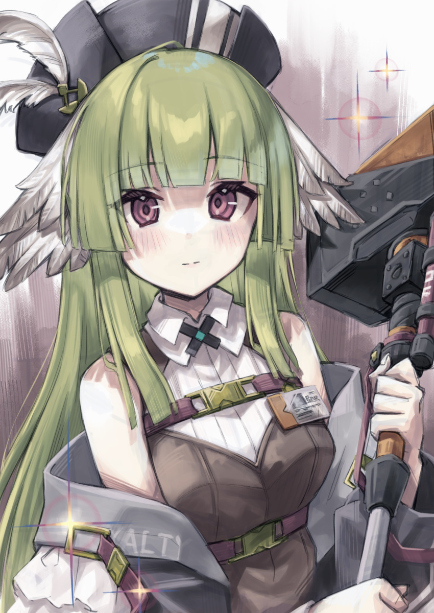 1girl absurdres arknights bare_shoulders black_headwear blunt_bangs blush breasts closed_mouth commentary_request feathered_wings green_hair hammer hat_feather head_wings highres holding holding_hammer long_hair looking_at_viewer medium_breasts poncirus_(arknights) purple_eyes semi_colon shirt sidelocks sleeveless sleeveless_shirt solo upper_body white_wings wings
