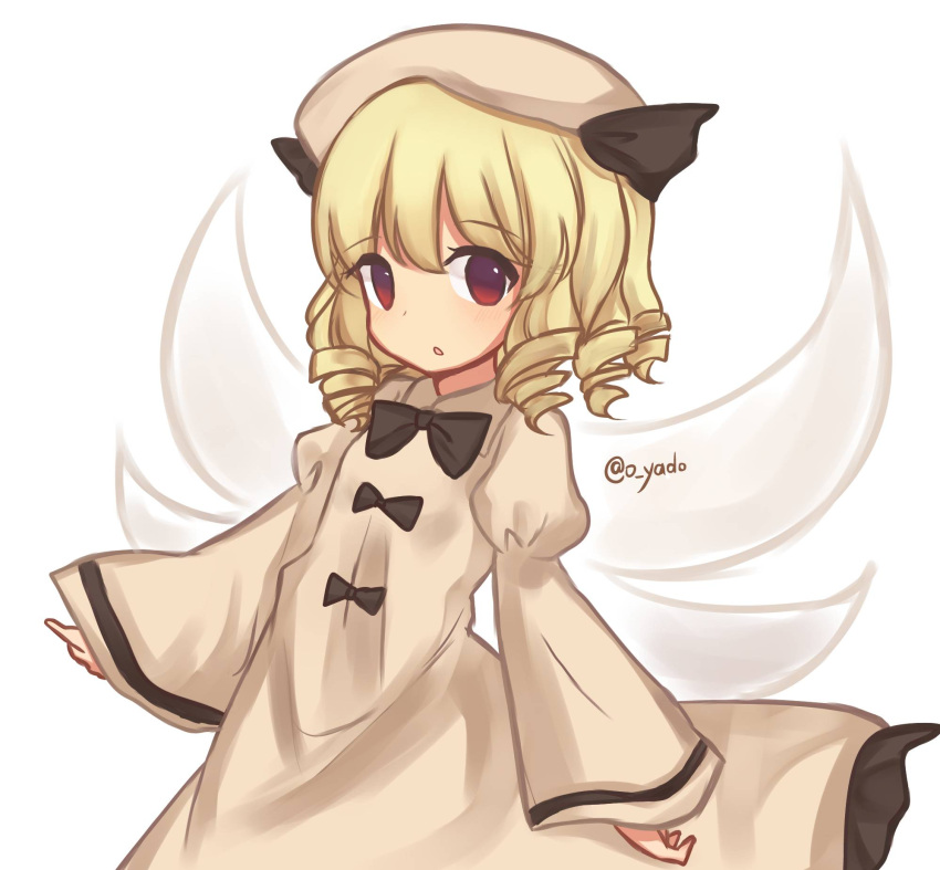 1girl :o blonde_hair breasts cowboy_shot dress drill_hair fairy_wings frilled_dress frills highres juliet_sleeves long_sleeves looking_at_viewer luna_child medium_hair open_mouth puffy_sleeves red_eyes simple_background sleeves_past_wrists small_breasts solo touhou white_background white_dress wide_sleeves wings yadoyuki