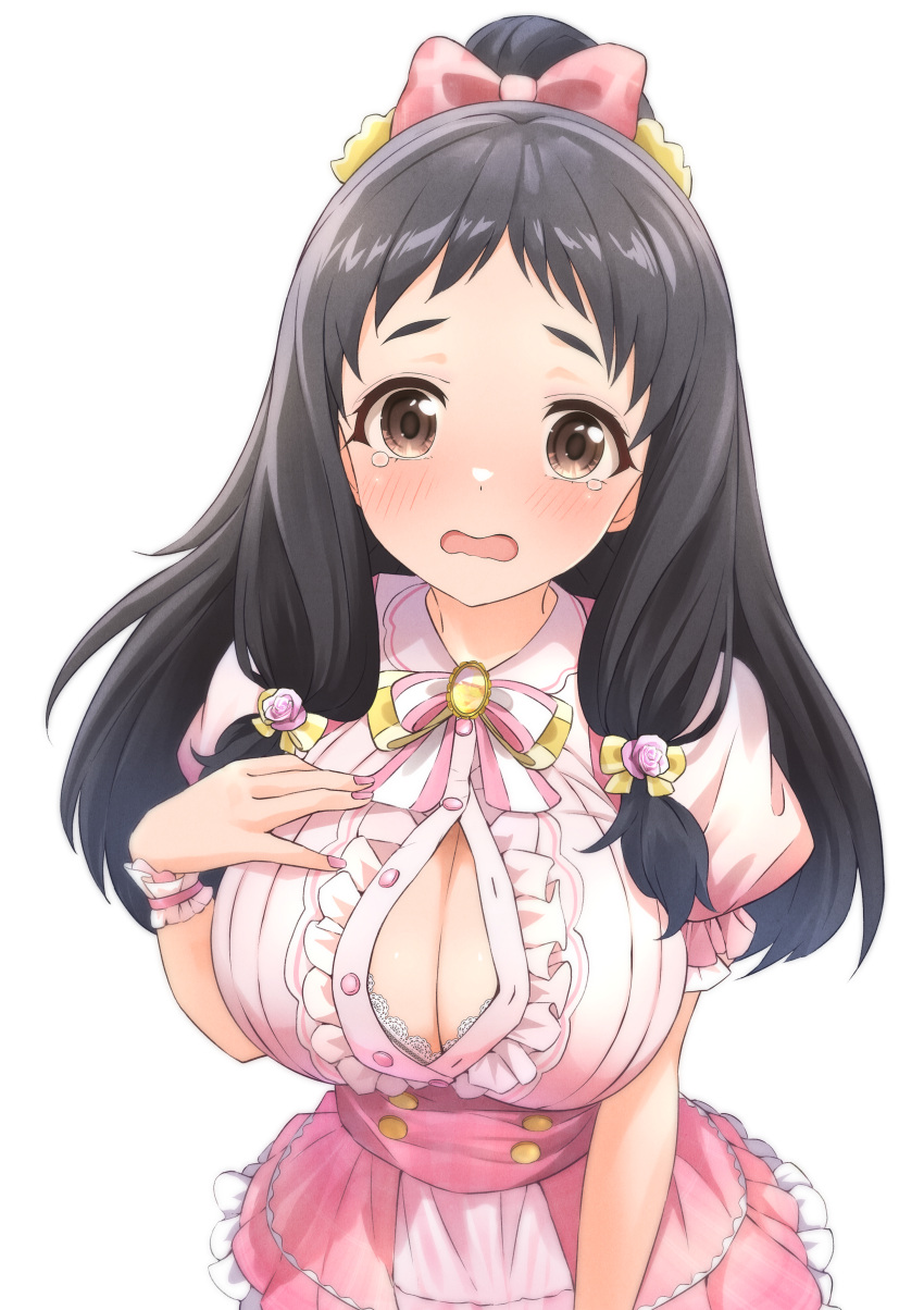 1girl absurdres arm_at_side b1ack_illust black_hair blush bow breasts brown_eyes buttons cleavage commentary_request commission dress flower hair_bow hair_flower hair_ornament hand_on_own_chest highres idolmaster idolmaster_cinderella_girls large_breasts long_hair looking_at_viewer ohnuma_kurumi open_mouth pink_dress pixiv_commission popped_button sidelocks simple_background solo standing tearing_up wavy_mouth white_background