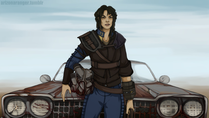 1girl arizona_ranger armor black_hair blood_on_vehicle braid brown_eyes car enclave fallout_(series) fallout_2 frown helmet jacket leather leather_jacket motor_vehicle pauldrons pip_boy power_armor shoulder_armor single_braid single_pauldron solo the_chosen_one