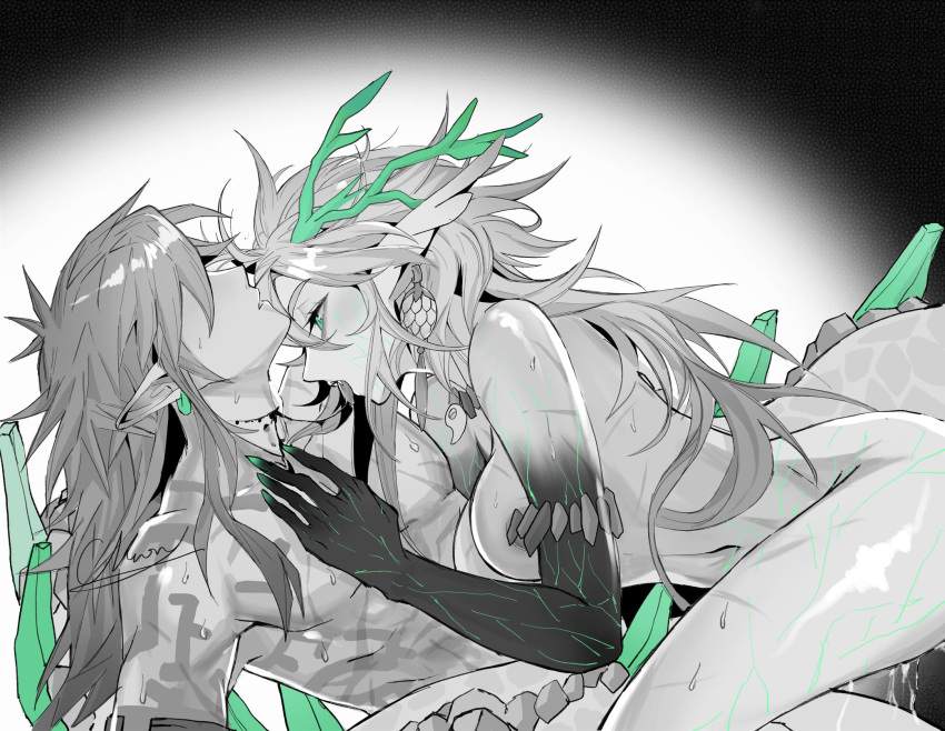 1boy 1girl breasts completely_nude dragon_girl dragon_horns dragon_tail fingernails hair_over_eyes hand_on_another's_chest highres horns licking light_dragon_(zelda) link long_hair messy_hair monochrome nude princess_zelda sharp_fingernails shuo_yue spoilers spot_color tail the_legend_of_zelda the_legend_of_zelda:_tears_of_the_kingdom