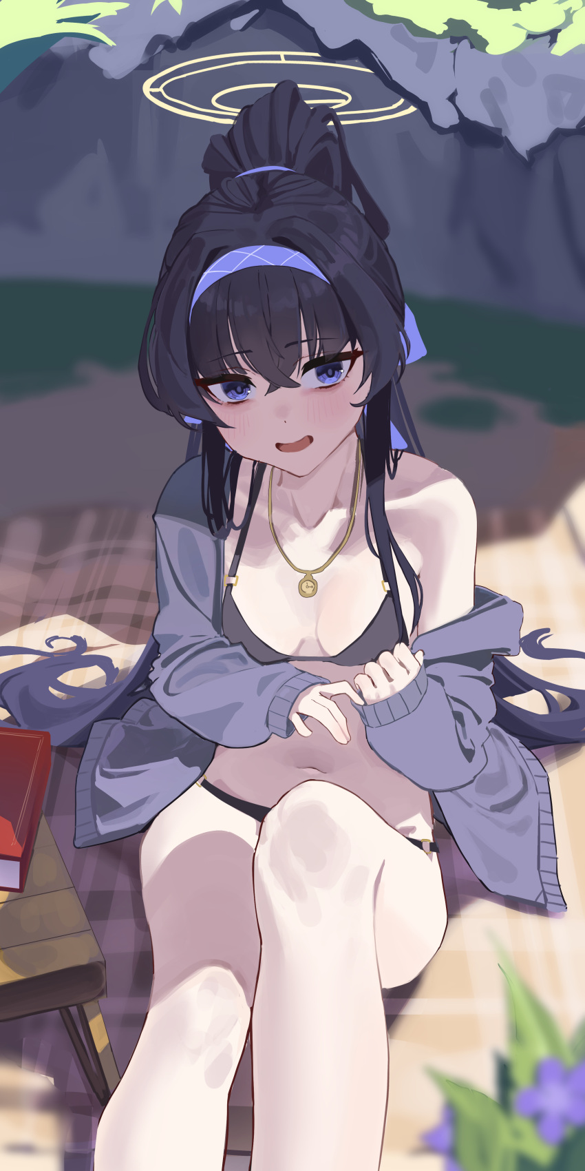 1girl absurdres black_hair blue_archive blue_eyes blue_hairband blush breasts feet_out_of_frame grey_jacket gubbi_on hair_between_eyes hairband halo highres jacket jewelry knee_up legs long_hair long_sleeves looking_at_viewer navel official_alternate_costume open_clothes open_jacket open_mouth pendant ponytail small_breasts solo ui_(blue_archive) ui_(swimsuit)_(blue_archive) yellow_halo