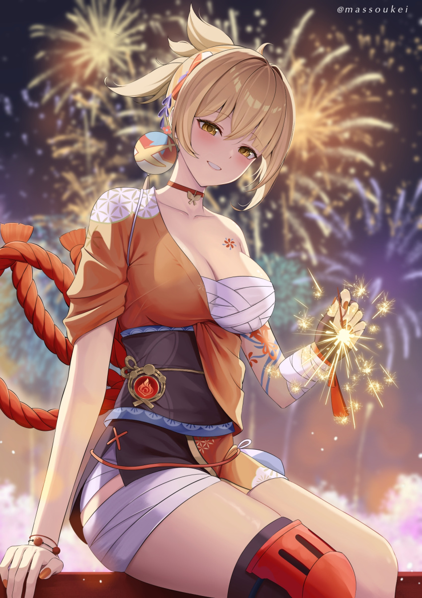 1girl arm_support bandages black_sash blonde_hair breasts brown_eyes chest_sarashi choker cleavage commentary_request fireworks genshin_impact grin highres japanese_clothes kimono large_breasts looking_at_viewer massoukei obi orange_kimono ponytail red_choker sarashi sash short_hair single_bare_shoulder sitting smile solo thighs yoimiya_(genshin_impact)