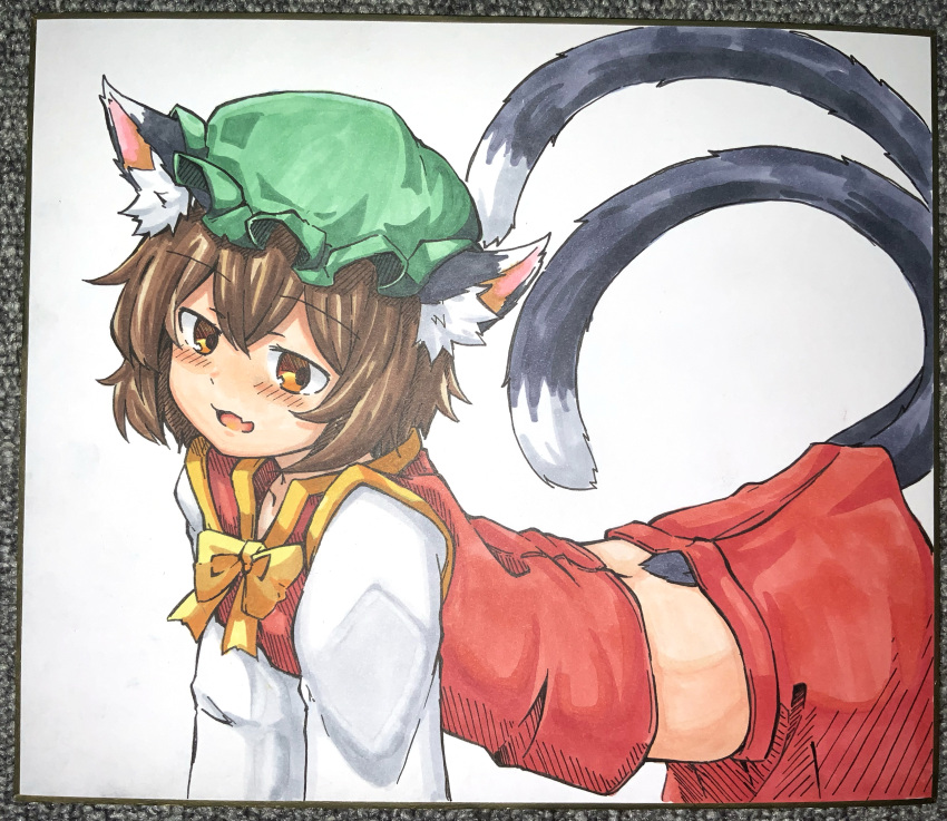 1girl :d absurdres all_fours animal_ear_fluff animal_ears blush brown_eyes brown_hair cat_ears cat_tail chagamaka chen commentary_request double-parted_bangs fang frills from_side gold_trim green_headwear hair_between_eyes half-closed_eyes hat highres long_sleeves midriff mob_cap multiple_tails open_mouth red_skirt red_vest short_hair skin_fang skirt skirt_set smile solo tail touhou traditional_media two_tails vest