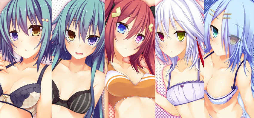 :&lt; :d :o aqua_eyes aqua_hair bangs black_bra blue_eyes blue_hair blush bow bow_bra bra breasts cleavage column_lineup eyes_visible_through_hair fang frilled_bra frills hair_between_eyes hair_ornament hair_over_one_eye hair_ribbon hairclip halftone halftone_background hand_on_own_chest heterochromia lace lace-trimmed_bra large_breasts leura_(suterii) lineup lingerie long_hair looking_at_viewer multiple_girls navel open_mouth orange_bra original panties plaid plaid_bra purple_eyes rebecca_arcane red_eyes red_hair ribbon short_hair siblings sisters small_breasts smile sports_bra striped striped_bra suterii take_your_pick training_bra tsurime twins twintails underwear underwear_only upper_body vertical_stripes very_long_hair wavy_mouth white_hair yellow_eyes
