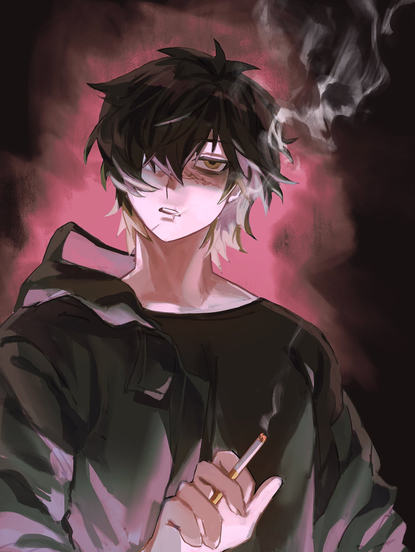 1boy babykatafan bishounen black_hair black_jacket black_shirt cigarette colored_tips cowboy_shot english_commentary expressionless eyepatch highres holding holding_cigarette hood hooded_jacket jacket looking_up male_focus medium_hair messy_hair multicolored_background multicolored_hair open_clothes open_jacket parted_lips red_background scar scar_on_face shirt slow_damage smoke towa_(slow_damage) upper_body yellow_eyes