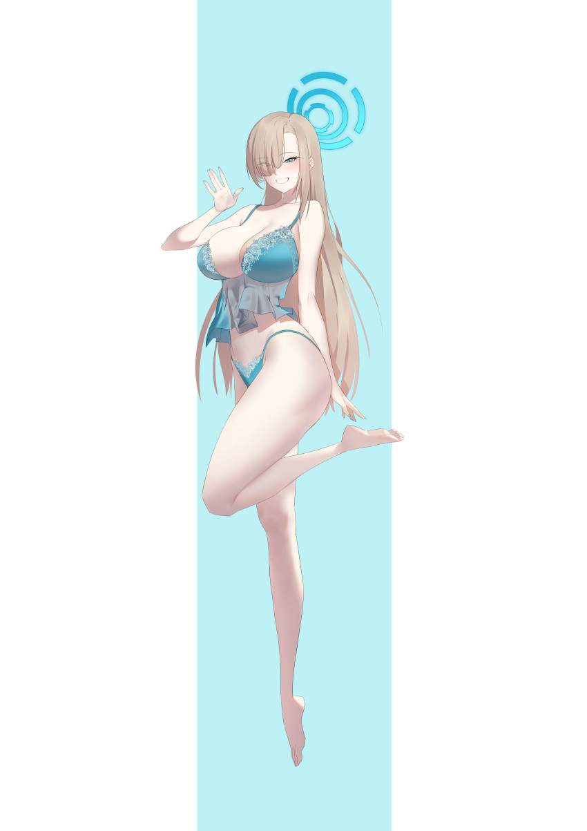 1girl absurdres asuna_(blue_archive) bare_arms bare_legs bare_shoulders barefoot blue_archive blue_background blue_bra blue_eyes blue_halo blue_nails blue_panties bra breasts brown_hair bunpil eyes_visible_through_hair feet fingernails full_body grin hair_over_one_eye half-closed_eyes halo hand_up highres large_breasts lingerie long_bangs long_fingernails long_hair looking_at_viewer midair nail_polish panties smile soles solo string_panties toes two-tone_background underwear underwear_only very_long_hair waving white_background
