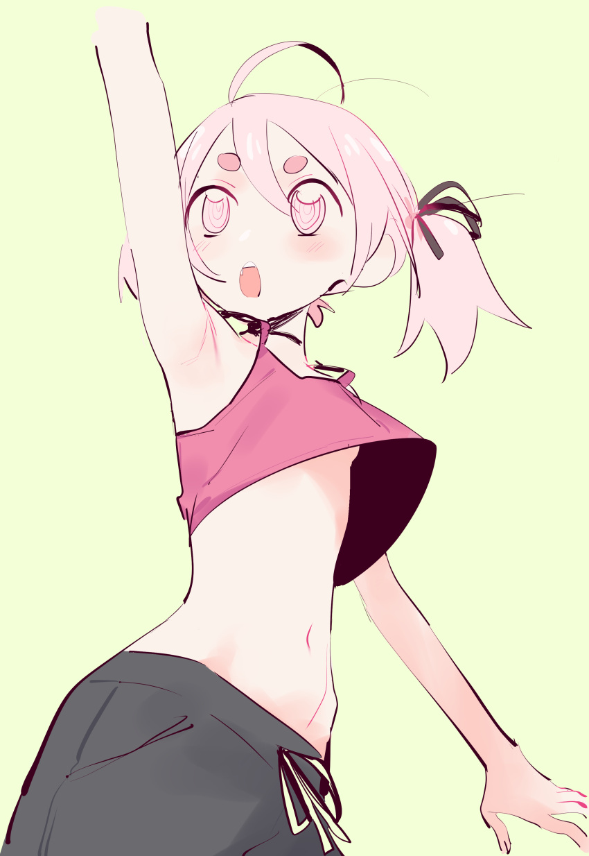 1girl absurdres ahoge arm_up armpits black_pants blush breasts crop_top cropped_shirt eds green_background happy_(eds) highres hikimayu navel neck_ribbon open_mouth original pants pink_eyes pink_hair ribbon ringed_eyes small_breasts solo sweatpants twintails underboob