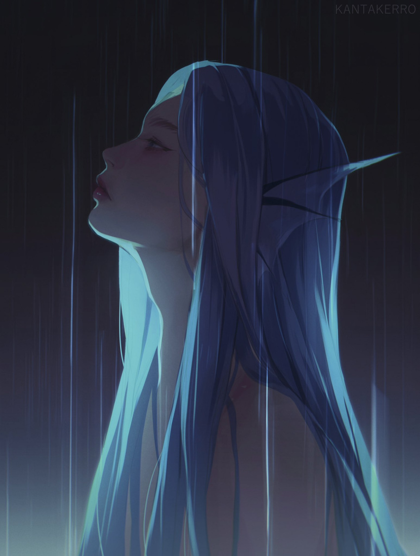 1girl animal_ears artist_name blue_hair clip_studio_paint_(medium) commentary english_commentary eyelashes fins gradient_background grey_background half-closed_eyes head_fins highres kantakerro long_hair looking_ahead nude original parted_bangs portrait profile rain red_lips solo