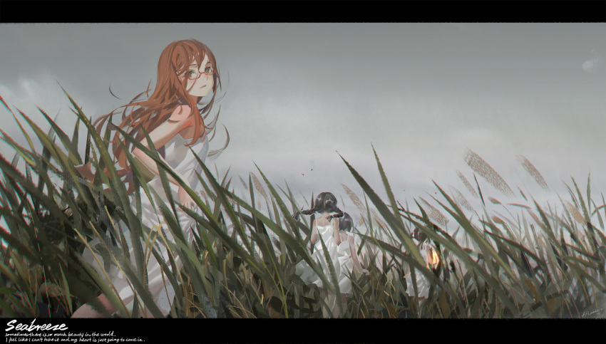 4girls alphonse_(white_datura) artist_name black_hair closed_mouth cloud dress english_text from_behind glasses grass grey_sky highres long_hair looking_at_viewer multiple_girls original outdoors red-framed_eyewear red_hair sky sleeveless sleeveless_dress walking white_dress