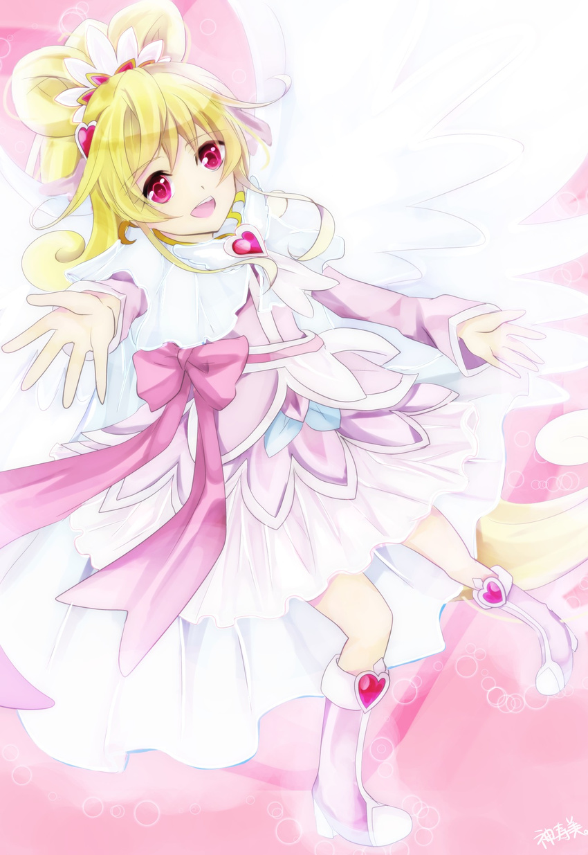 95kazumi aida_mana arm_warmers asymmetrical_clothes blonde_hair bow cure_heart cure_heart_parthenon_mode curly_hair detached_sleeves dokidoki!_precure eyelashes hair_flip hair_ornament half_updo happy heart highres long_hair looking_at_viewer magical_girl open_mouth pink_bow pink_eyes pink_skirt pink_sleeves ponytail precure ribbon skirt smile solo