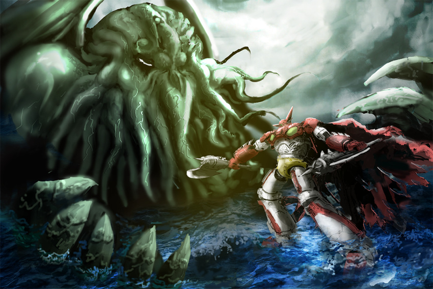 antares_warld armor axe battle cape cloud cloudy_sky colored_skin crossover cthulhu cthulhu_mythos dual_wielding getter-1 getter_robo getter_robo_(1st_series) giant giant_monster green_skin holding holding_axe holding_weapon kaijuu machine mecha monster multicolored_armor naval_battle no_humans ocean red_armor red_cape robot science_fiction size_difference sky super_robot tentacles tomahawk torn_cape torn_clothes veins water weapon white_armor wings yellow_armor