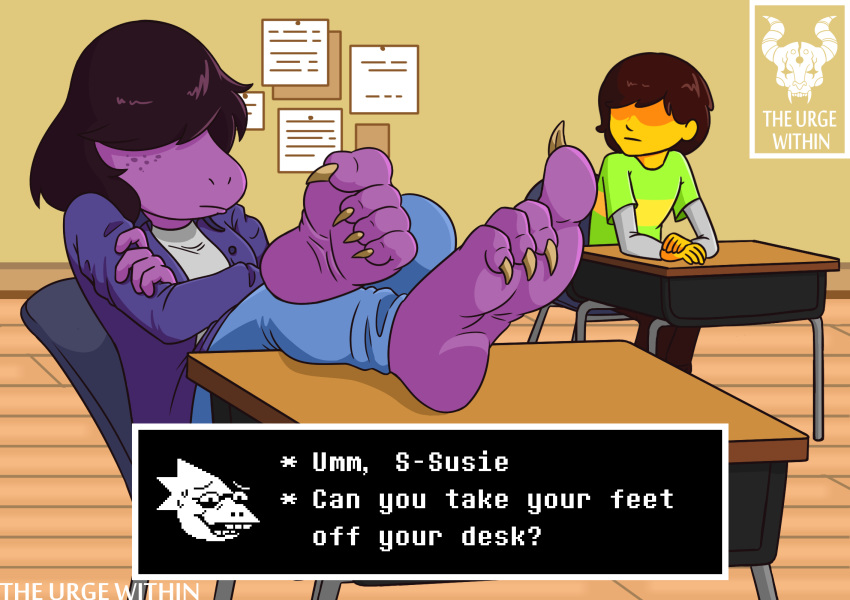 2018 4_toes alphys anthro barefoot classroom clothed clothing crossed_arms deltarune dialogue dialogue_box english_text feet female foot_focus fully_clothed hair_over_eyes hi_res human kris_(deltarune) mammal reptile scalie school signature susie_(deltarune) text the_urge_within toes undertale video_games