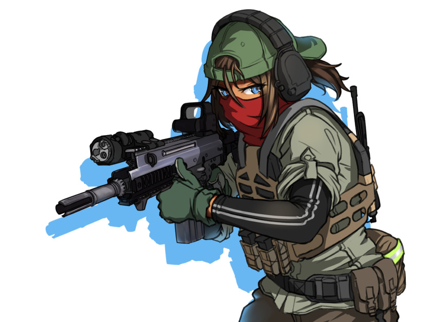 1girl adidas assault_rifle backwards_hat bandana baseball_cap belt_pouch blue_eyes brown_hair ear_protection flashlight fn_scar fn_scar_16 fn_scar_17 girls'_frontline gloves green_gloves green_headwear gun hair_in_eyes hat looking_to_the_side messy_hair muzzle_device ponytail pouch radio red_bandana reflective_surface rifle sate scar-h_(girls'_frontline) scope silhouette sleeves_rolled_up solo striped_clothes tactical_clothes tan thumbs_up weapon