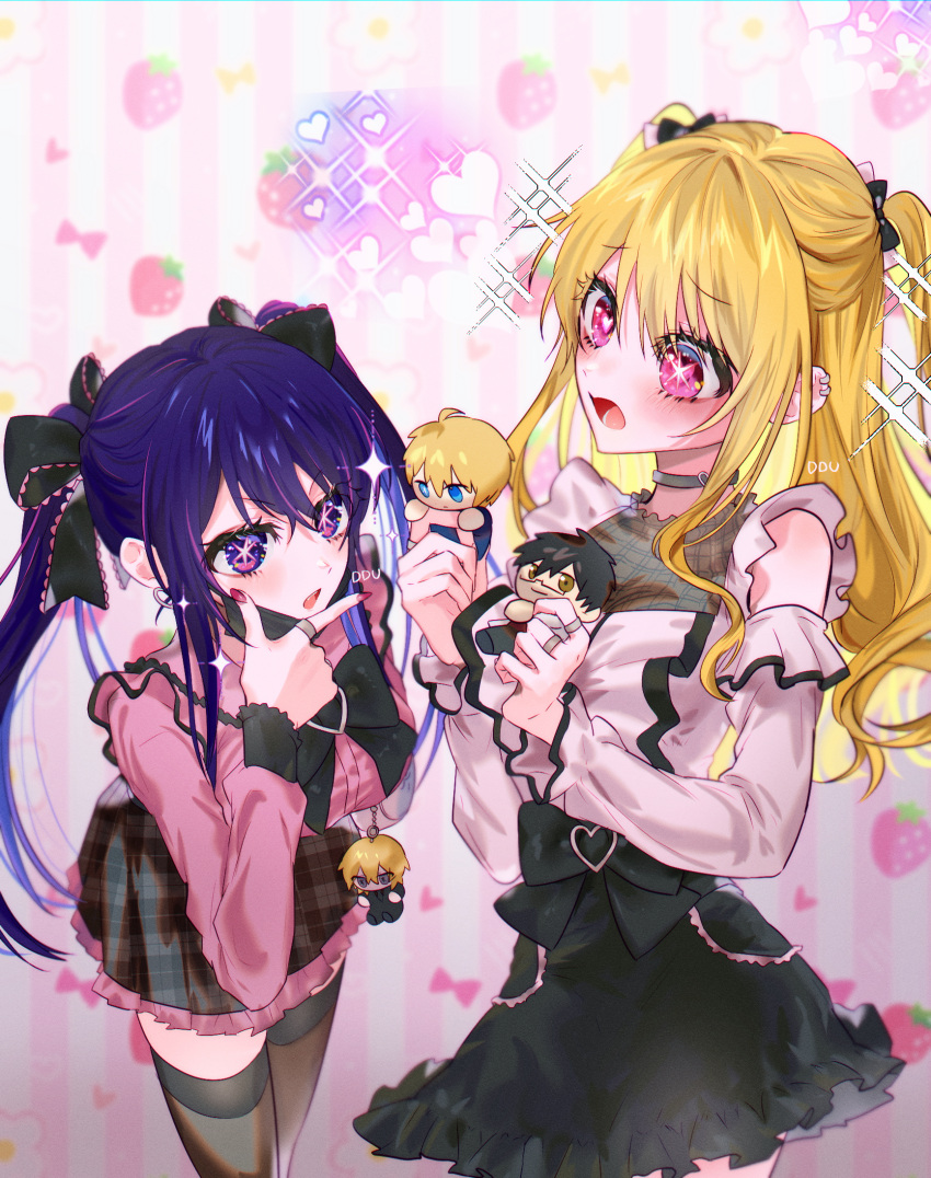 2girls alternate_costume alternate_hairstyle amamiya_gorou artist_name black_bow black_bowtie black_choker black_mask black_skirt black_thighhighs blonde_hair blush bow bowtie breasts character_doll choker clothing_cutout commentary_request ear_piercing earrings film_grain frilled_skirt frills hair_bow hand_on_own_chin heart heart-shaped_pupils highres hoshino_ai_(oshi_no_ko) hoshino_aquamarine hoshino_ruby jewelry jirai_kei kamiki_hikaru korean_commentary long_hair long_sleeves looking_at_another mask mask_pull medium_breasts mismatched_pupils mouth_mask multicolored_hair multiple_girls multiple_rings nail_polish open_mouth oshi_no_ko piercing pink_background pink_eyes pink_hair pink_nails pink_shirt plaid plaid_skirt ponytail purple_eyes purple_hair ring shirt shoulder_cutout sidelocks skirt sparkle star-shaped_pupils star_(symbol) streaked_hair symbol-shaped_pupils teeth thighhighs two_side_up upper_teeth_only yubto_45 zettai_ryouiki