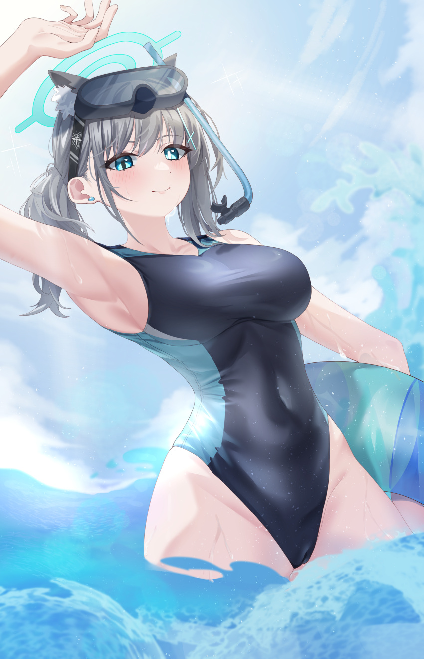 1girl absurdres animal_ear_fluff animal_ears arm_up armpits auk_(auk518) black_one-piece_swimsuit blue_archive blue_eyes breasts competition_swimsuit covered_navel cowboy_shot cross_hair_ornament diving_mask diving_mask_on_head extra_ears goggles goggles_on_head grey_hair hair_ornament halo highres low_ponytail medium_breasts medium_hair mismatched_pupils multicolored_clothes multicolored_swimsuit official_alternate_costume one-piece_swimsuit shiroko_(blue_archive) shiroko_(swimsuit)_(blue_archive) snorkel solo swimsuit water wolf_ears