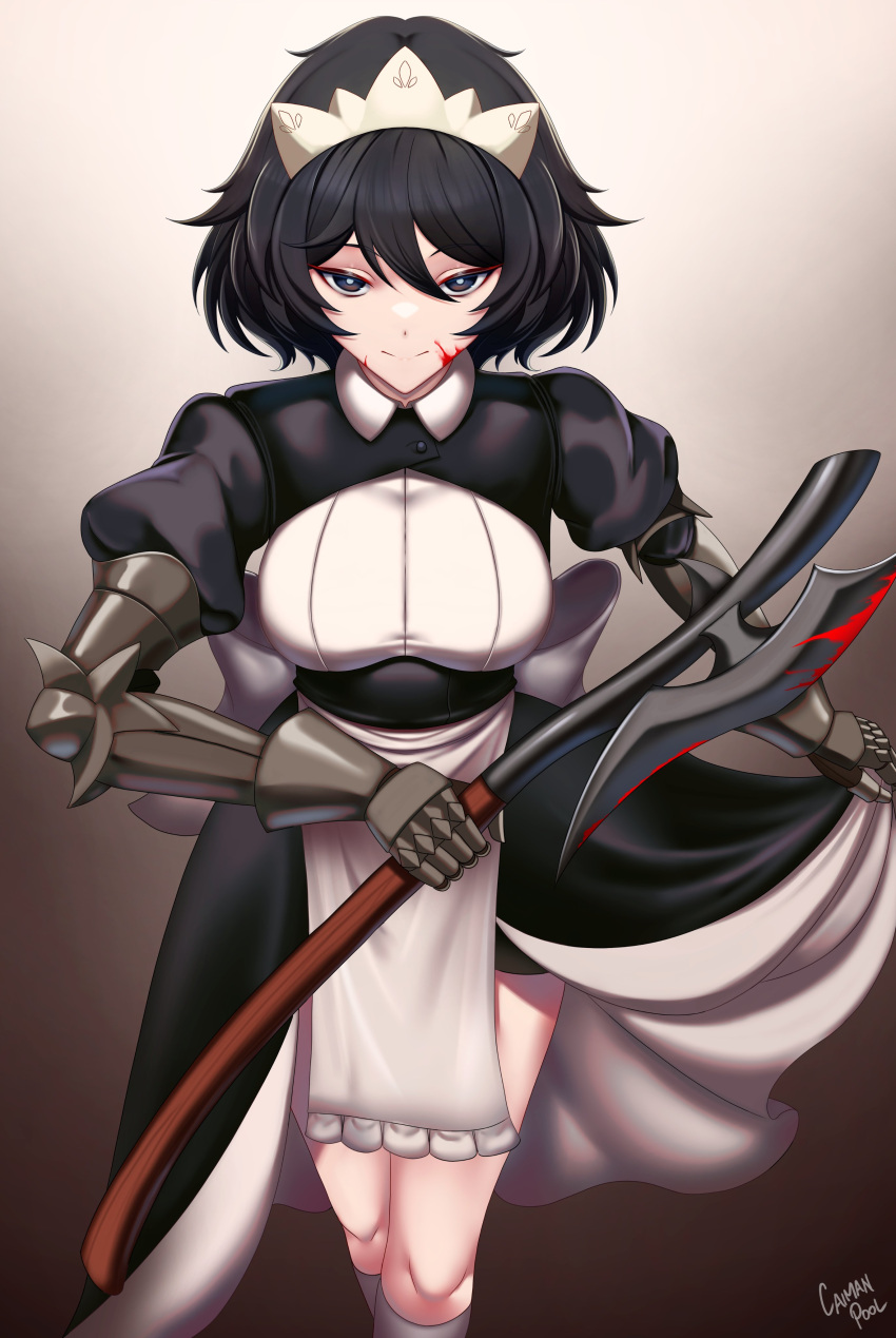 1girl absurdres armor artist_name axe back_bow black_eyes black_hair black_skirt blood blood_on_face borrowed_character bow breasts bright_pupils caiman_pool closed_mouth executioner_maid_(centuriic) gauntlets hair_between_eyes highres holding holding_axe kneehighs large_breasts maid maid_headdress original pelvic_curtain puffy_short_sleeves puffy_sleeves short_hair short_sleeves skirt socks solo white_bow white_pupils white_socks