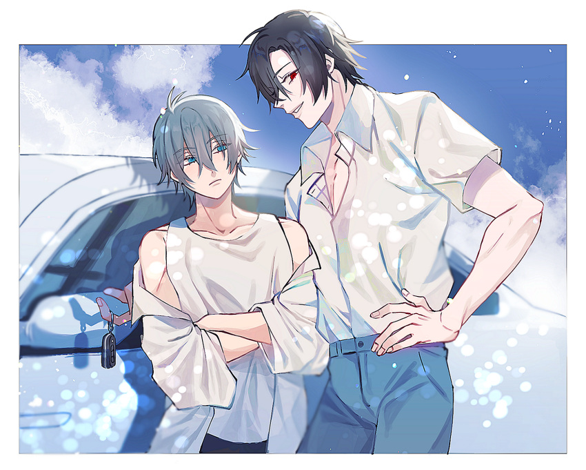 100_(artist) 2boys akira_(togainu_no_chi) black_hair blue_eyes blue_pants blue_sky blurry bokeh border car cloud collarbone crossed_arms depth_of_field grey_hair hair_between_eyes hand_on_own_hip height_difference highres keyring looking_at_another looking_at_viewer male_focus motor_vehicle multiple_boys open_clothes open_shirt pants red_eyes shadow shiki_(togainu_no_chi) shirt short_hair sky smile standing tank_top togainu_no_chi upper_body white_border white_shirt white_tank_top