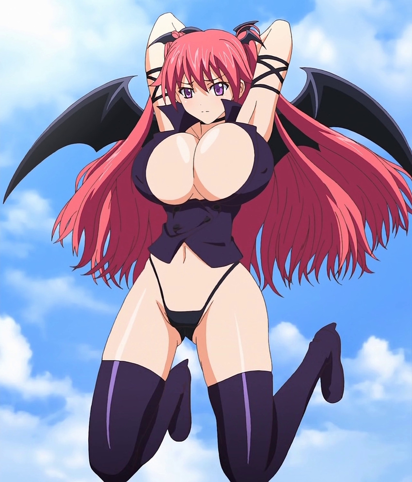 black_wings boots breasts cleavage cloud day demon_girl firika_mia_shatana flying highres long_hair nukidoki! purple_eyes red_hair screencap sky solo succubus thigh_boots thighhighs wings