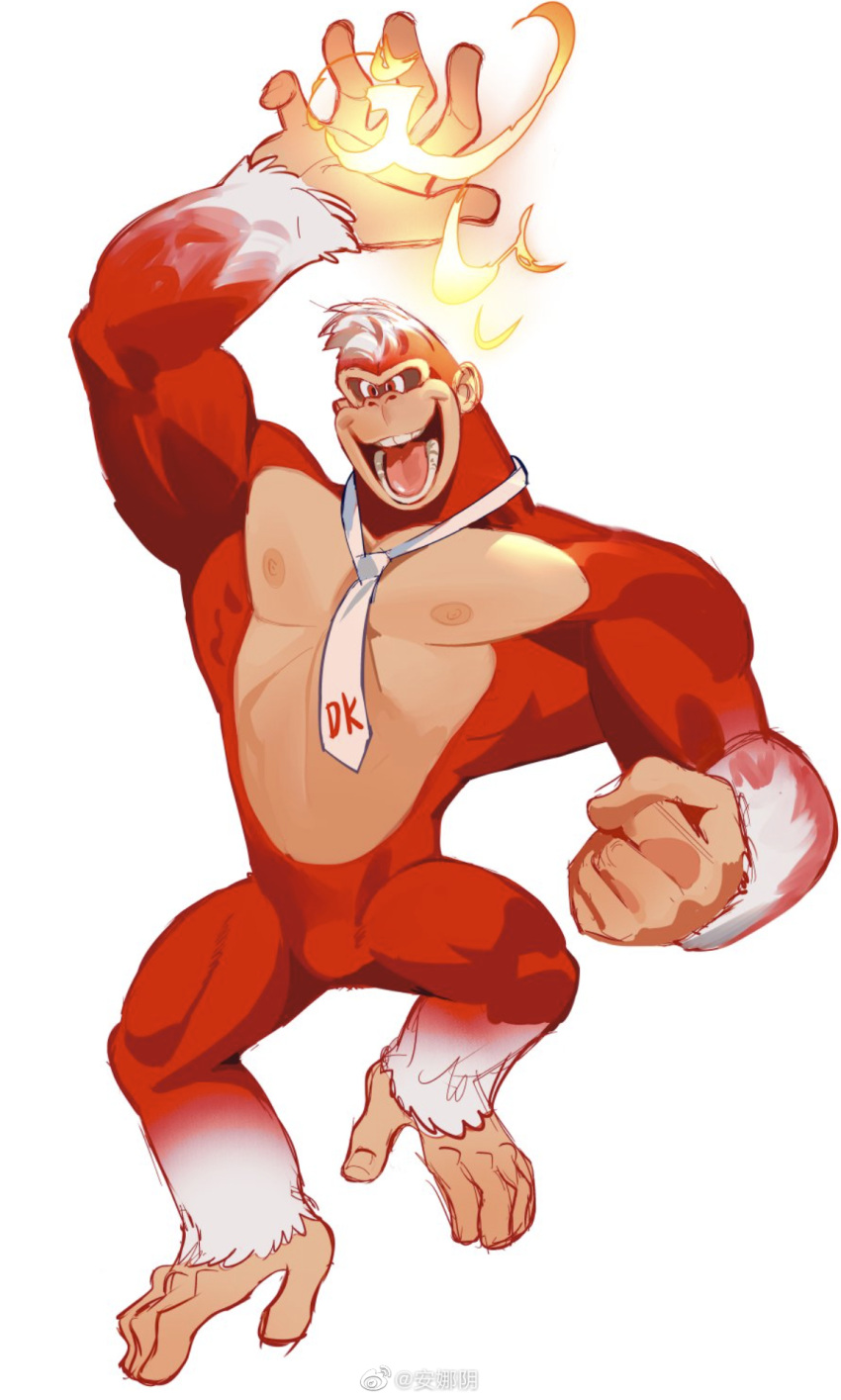 1boy arm_up bara bulge clenched_hand donkey_kong donkey_kong_(series) fighting_stance fire full_body furry furry_male gorilla_boy gradient_fur gradient_hair highres horikwawataru large_hands large_pectorals looking_ahead male_focus monkey_boy multicolored_hair muscular muscular_male naked_necktie necktie nipples pectorals pyrokinesis red_fur smile snout solo unfinished white_background white_hair