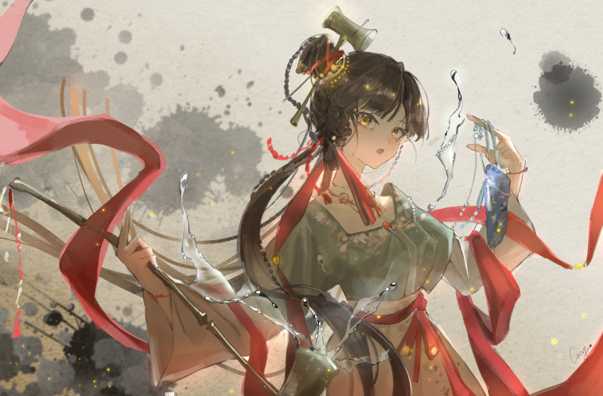 1girl :o absurdres alcohol bag black_eyes black_hair blue_bag chinese_clothes chinese_hairpin dipper green_shirt hair_bun hair_ornament hair_over_shoulder hand_up hanfu highres holding holding_bag holding_spoon ink_splatter jitang_pengren_dashi jiu_niangzi layered_sleeves liquor long_hair long_sleeves looking_at_viewer outstretched_arms pouch red_shawl reverse:1999 shawl shirt short_over_long_sleeves short_sleeves single_side_bun skirt solo spill spoon spread_arms tassel tassel_hair_ornament upper_body very_long_hair white_background yellow_skirt