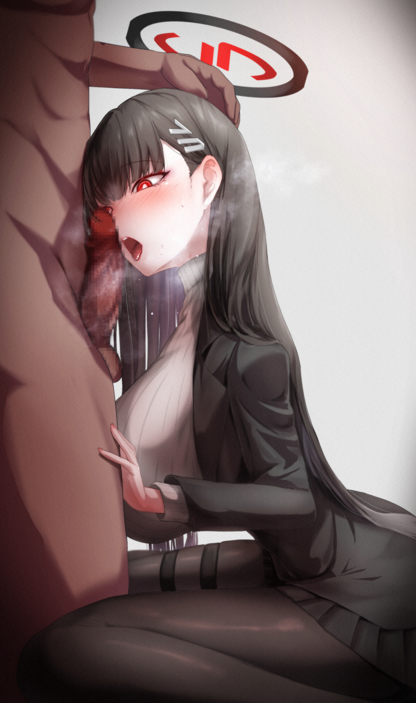 1boy 1girl absurdres black_hair black_pantyhose black_skirt blue_archive blush breasts hair_ornament hairpin halo highres large_breasts long_hair long_sleeves open_mouth pantyhose penis pleated_skirt red_eyes ribbed_sweater rio_(blue_archive) simple_background skirt suit sweater tongue tongue_out white_background white_sweater yukiru_akitera