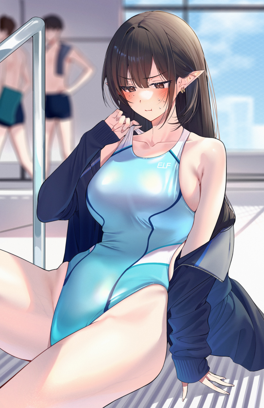 1girl 2boys adjusting_clothes adjusting_swimsuit black_hair blue_jacket blue_one-piece_swimsuit blush breasts brown_eyes closed_mouth collarbone competition_swimsuit cowboy_shot ear_piercing elf highres jacket large_breasts long_hair looking_down mole mole_under_eye multiple_boys off_shoulder one-piece_swimsuit open_clothes open_jacket original piercing pointy_ears poolside pout sino42 sitting solo_focus straight_hair sweat swimsuit window