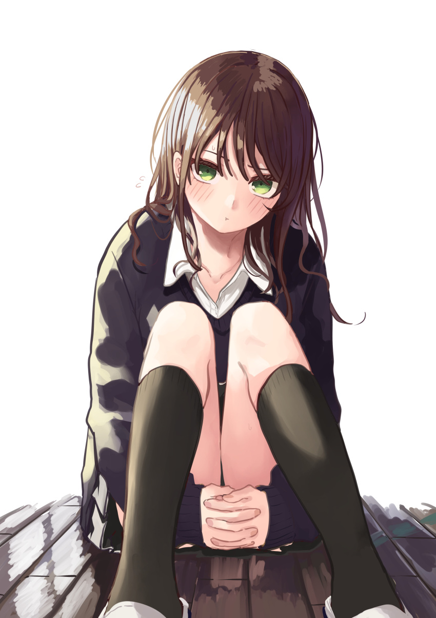 1girl :t absurdres black_car black_socks blush brown_hair collarbone flying_sweatdrops green_eyes highres hugging_own_legs interlocked_fingers kneehighs knees_up looking_at_viewer original own_hands_together rucchiifu school_uniform shirt sitting socks solo white_shirt wooden_floor