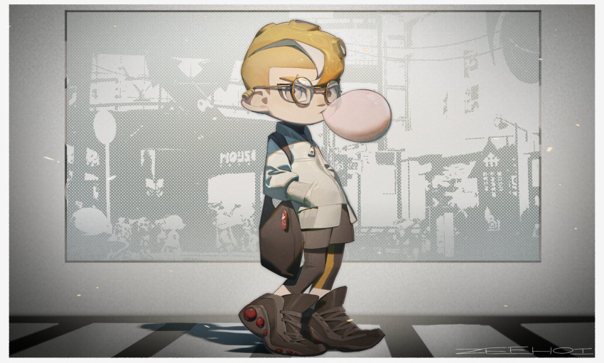 1boy artist_name bag black_footwear black_leggings black_shirt blonde_hair brown_bag bubble_blowing chewing_gum city cross-laced_footwear crosswalk ear_piercing fashion full_body gekichuu_youkai glasses grey_shorts hands_in_pockets highres inkling_boy inkling_player_character jacket leggings long_sleeves looking_at_viewer male_focus orange-framed_eyewear people piercing road_sign round_eyewear shadow shirt shoes short_hair shorts sign sneakers solo splatoon_(series) tentacle_hair tote_bag turtleneck_shirt very_short_hair white_jacket white_sleeves yellow_eyes zipper_pull_tab