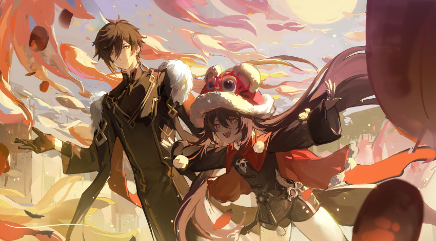 1boy 1girl absurdres airplane_arms black_gloves black_shorts brown_hair capelet chinese_commentary fish fur_trim genshin_impact gloves hair_between_eyes hand_up highres hu_tao_(genshin_impact) long_hair long_sleeves official_alternate_costume open_mouth outstretched_arms red_capelet red_eyes robe shorts sidelocks smile spread_arms tailcoat twintails very_long_hair xinjinjumin356333577893 zhongli_(genshin_impact)