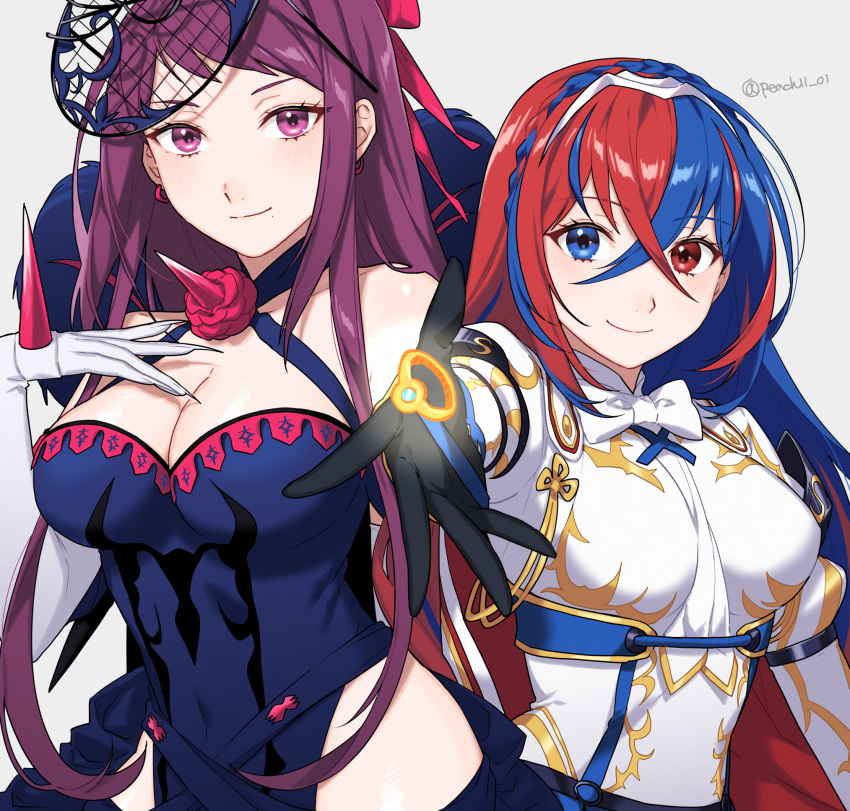 2girls alear_(female)_(fire_emblem) alear_(fire_emblem) bare_shoulders blue_dress blue_eyes blue_hair bow bowtie breasts cleavage commentary_request dress earrings fire_emblem fire_emblem_engage gloves grey_background hair_between_eyes halterneck highres ivy_(fire_emblem) jewelry large_breasts long_hair looking_at_viewer multicolored_hair multiple_girls partial_commentary peach11_01 purple_eyes purple_hair reaching reaching_towards_viewer red_eyes red_hair ring shirt simple_background smile split-color_hair streaked_hair upper_body very_long_hair white_bow white_bowtie white_gloves white_shirt