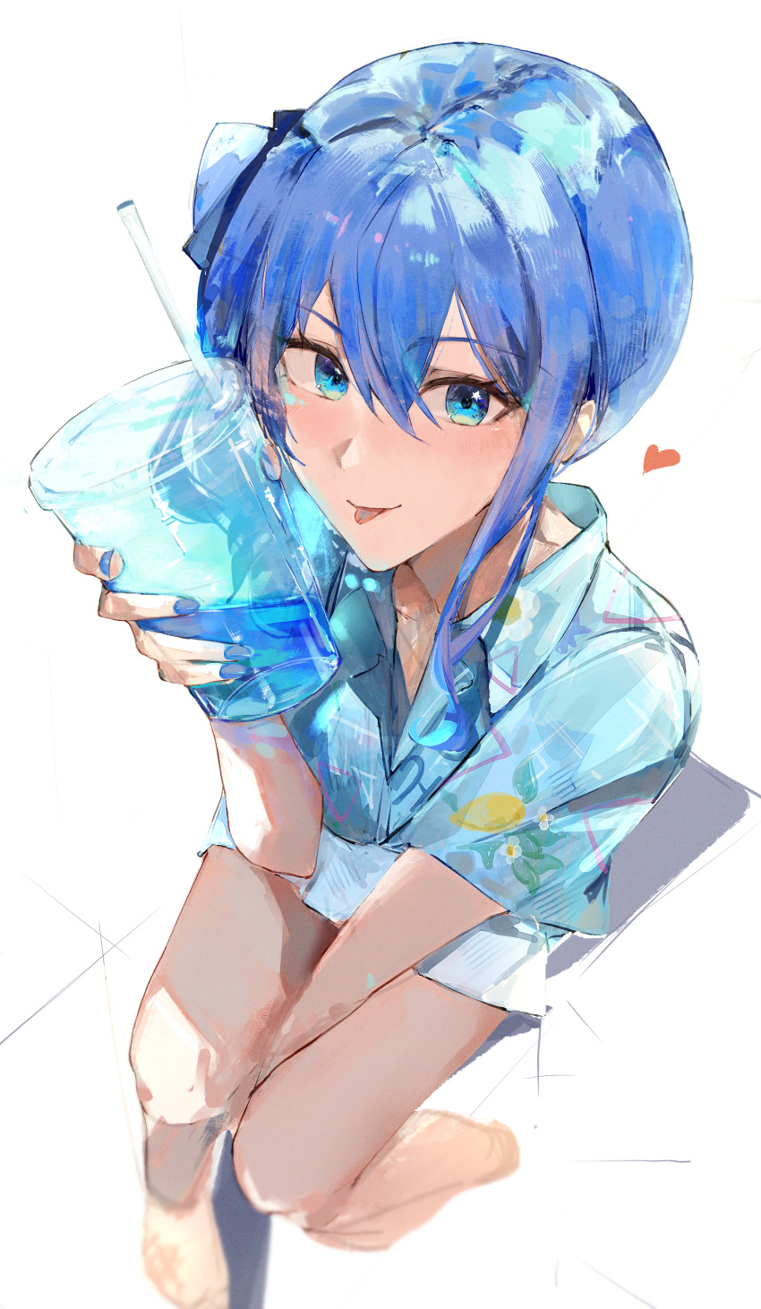 1girl :p absurdres alternate_costume blue_eyes blue_hair blue_nails blue_ribbon blue_shirt blush collared_shirt cup double-parted_bangs drinking_straw flower food fruit hair_between_eyes hair_ribbon heart highres holding holding_cup hololive hoshimachi_suisei leaf lemon liquid looking_at_viewer medium_hair nail_polish patterned_clothing pleated_skirt ribbon shadow shirt side_ponytail sidelocks simple_background sketch skirt solo star_(symbol) star_in_eye symbol_in_eye tongue tongue_out triangle virgo76612871 virtual_youtuber white_background white_flower white_skirt