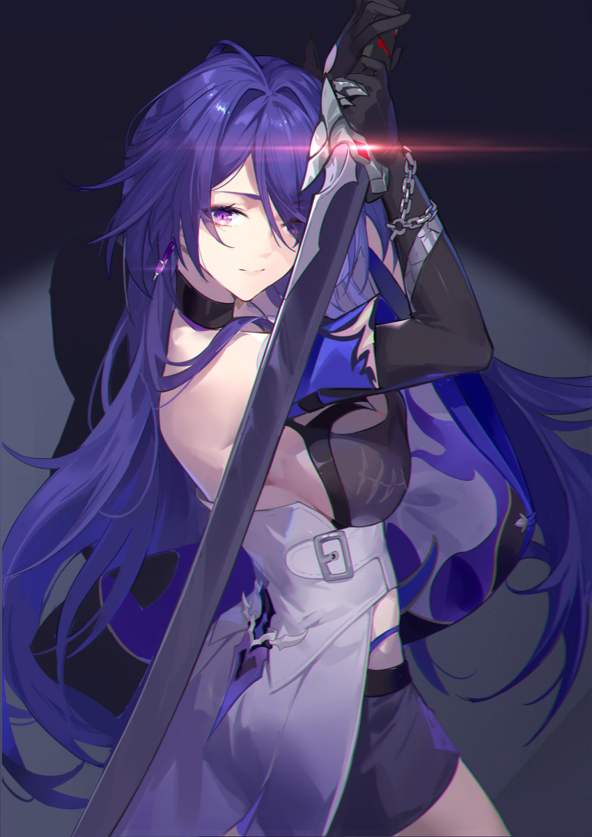 1girl absurdres acheron_(honkai:_star_rail) bare_shoulders black_choker black_gloves black_shorts breasts chinese_commentary choker closed_mouth earrings gloves highres holding holding_sword holding_weapon honkai:_star_rail honkai_(series) jewelry katana large_breasts light_smile long_hair looking_at_viewer purple_eyes purple_hair shorts simple_background solo sword weapon woodylixx