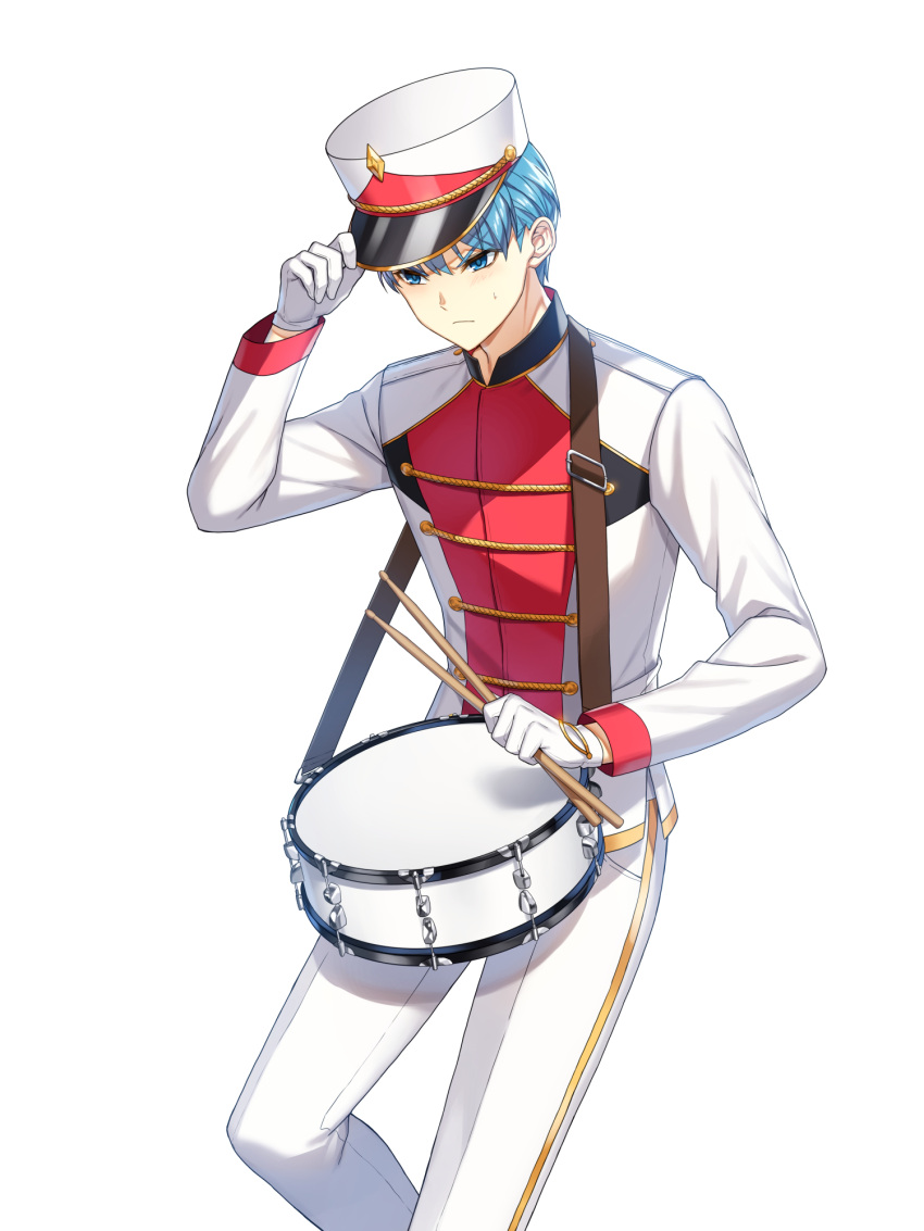 1boy :/ adjusting_clothes adjusting_headwear band_uniform blue_eyes blue_hair buttons closed_mouth closers collared_jacket double-breasted drumsticks feet_out_of_frame gloves hand_on_headwear hand_up hat high_collar highres holding holding_drumsticks jacket leg_up long_sleeves looking_to_the_side male_focus marching_band nata_(closers) official_art pants shako_cap short_hair single_vertical_stripe snare_drum solo standing standing_on_one_leg uniform v-shaped_eyebrows white_background white_gloves white_headwear white_jacket white_pants