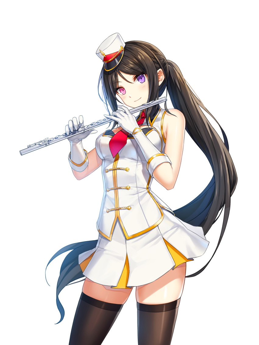 1girl bai_winchester band_uniform bare_shoulders black_hair black_thighhighs breasts buttons cleavage_cutout closers clothing_cutout collared_jacket cowboy_shot double-breasted flute fold-over_gloves gloves hands_up hat head_tilt heterochromia highres holding holding_flute holding_instrument instrument jacket legs_apart long_hair looking_at_viewer marching_band medium_breasts mini_shako_cap miniskirt necktie official_art parted_bangs pink_eyes pleated_skirt ponytail purple_eyes red_necktie shako_cap sidelocks skirt sleeveless sleeveless_jacket smile solo standing thighhighs transverse_flute very_long_hair white_background white_gloves white_headwear white_jacket white_skirt zettai_ryouiki