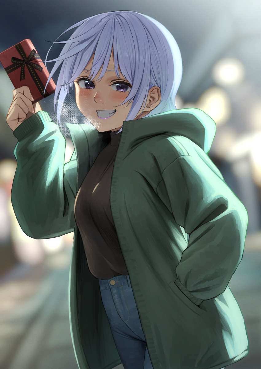 1girl alternate_costume blue_eyes blurry blurry_background blush chris_(konosuba) commentary_request denim dutch_angle fang gift green_jacket grey_hair grin hand_in_pocket highres holding holding_gift hood hood_down hooded_jacket izawa_(bhive003) jacket jeans kono_subarashii_sekai_ni_shukufuku_wo! open_clothes open_jacket outdoors pants short_hair smile solo sweater_tucked_in teeth