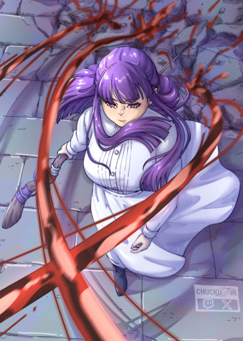 1girl artist_logo black_footwear blood breasts chuckuddin closed_mouth dress expressionless fern_(sousou_no_frieren) floating_hair hemokinesis highres holding holding_staff holding_weapon large_breasts long_hair magic purple_eyes purple_hair sousou_no_frieren staff very_long_hair walking weapon white_dress