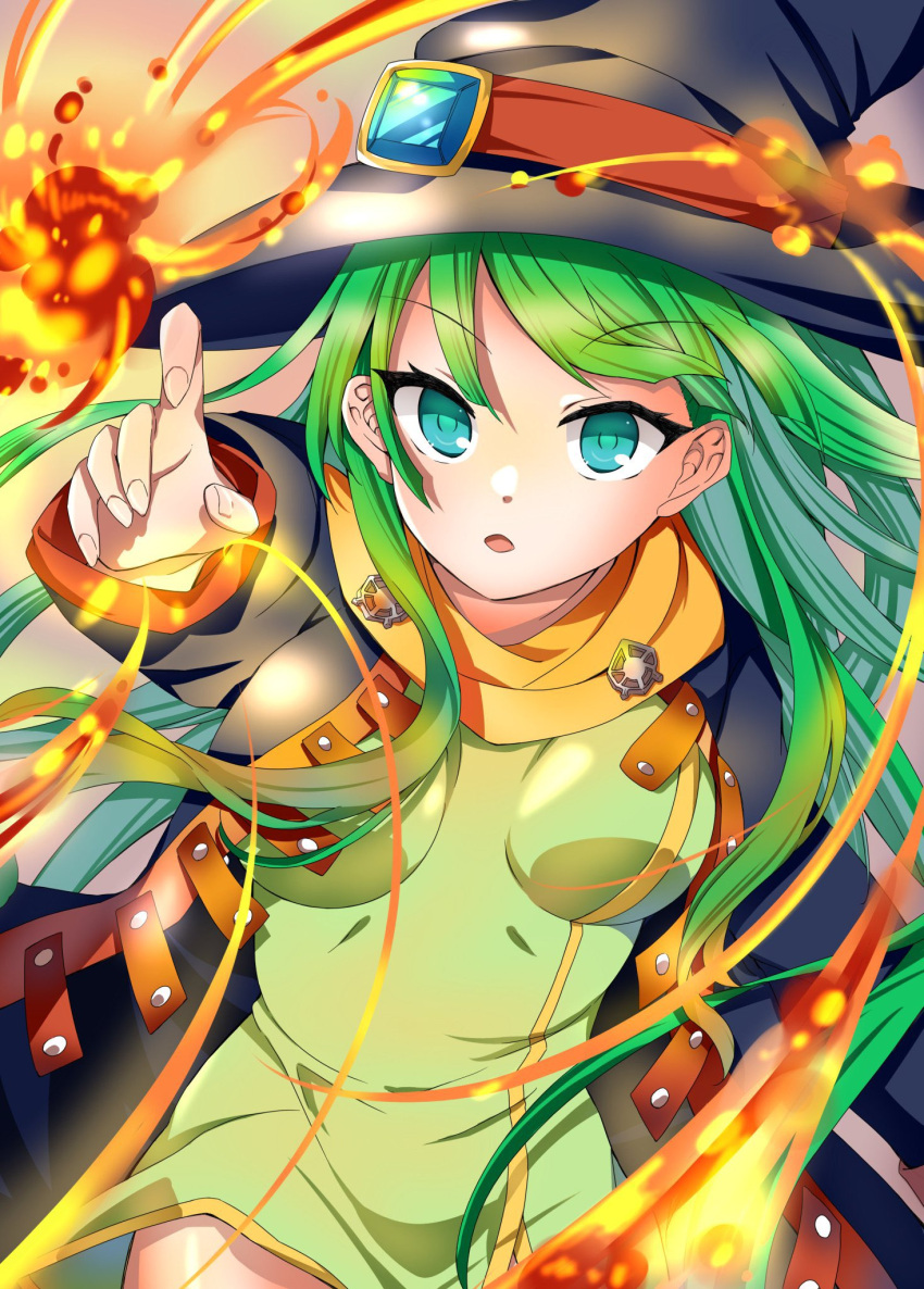 1girl aqua_eyes black_coat black_headwear breasts casting_spell coat commentary_request cowboy_shot fire floating_hair green_coat green_hair hand_up hat highres impossible_clothes index_finger_raised long_hair long_sleeves looking_at_viewer masou_shizuka medium_breasts multicolored_coat open_mouth pointing pointing_at_viewer pyrokinesis rance_(series) sidelocks solo straight_hair tragicrhyme tsurime two-tone_coat very_long_hair witch witch_hat