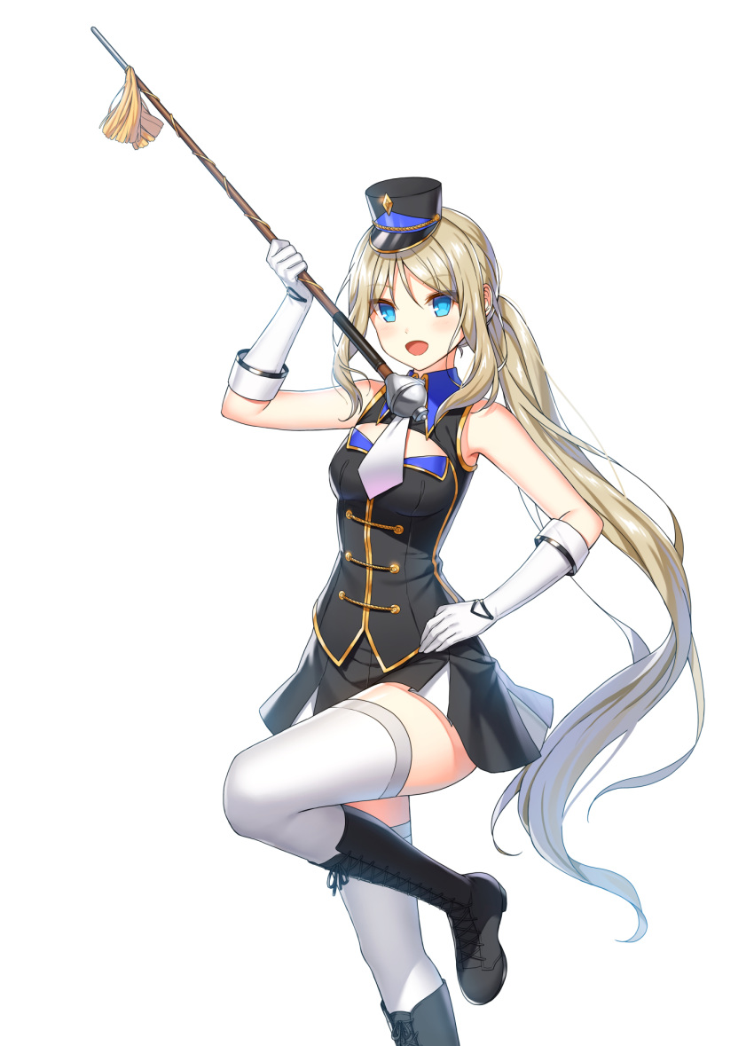 1girl :d alternate_hair_color band_uniform bare_shoulders black_headwear black_jacket black_skirt blonde_hair blue_eyes boots breasts buttons cleavage_cutout closers clothing_cutout collared_jacket cross-laced_footwear double-breasted drum_major fold-over_gloves foot_out_of_frame gloves hand_on_own_hip hand_up hat highres holding_baton jacket knee_boots lace-up_boots leg_up long_hair looking_at_viewer marching_band marching_band_baton medium_breasts mini_shako_cap miniskirt necktie official_art parted_bangs pleated_skirt ponytail seulbi_lee shako_cap sidelocks skirt sleeveless sleeveless_jacket smile solo standing standing_on_one_leg thighhighs uniform very_long_hair white_background white_footwear white_gloves white_necktie white_thighhighs wing_collar zettai_ryouiki