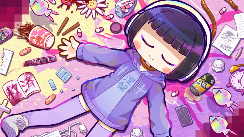 1girl alarm_clock bandaid black_hair blood blunt_bangs blunt_ends blush book bottle bottle_cap boxcutter cable can censored chopsticks clock closed_eyes colored_lineart cracked_screen cross cup_ramen daisy drugs flower food game_console headphones hood hooded_jacket indie_virtual_youtuber jacket kyuusai-chan long_sleeves lying mosaic_censoring noodles noose on_back on_floor open_clothes open_jacket open_mouth outstretched_arms paper pen pepoyo phone pill pink_blood purple_jacket purple_sweater purple_thighhighs shoelaces short_hair smile solo sweater thighhighs virtual_youtuber white_footwear white_headphones