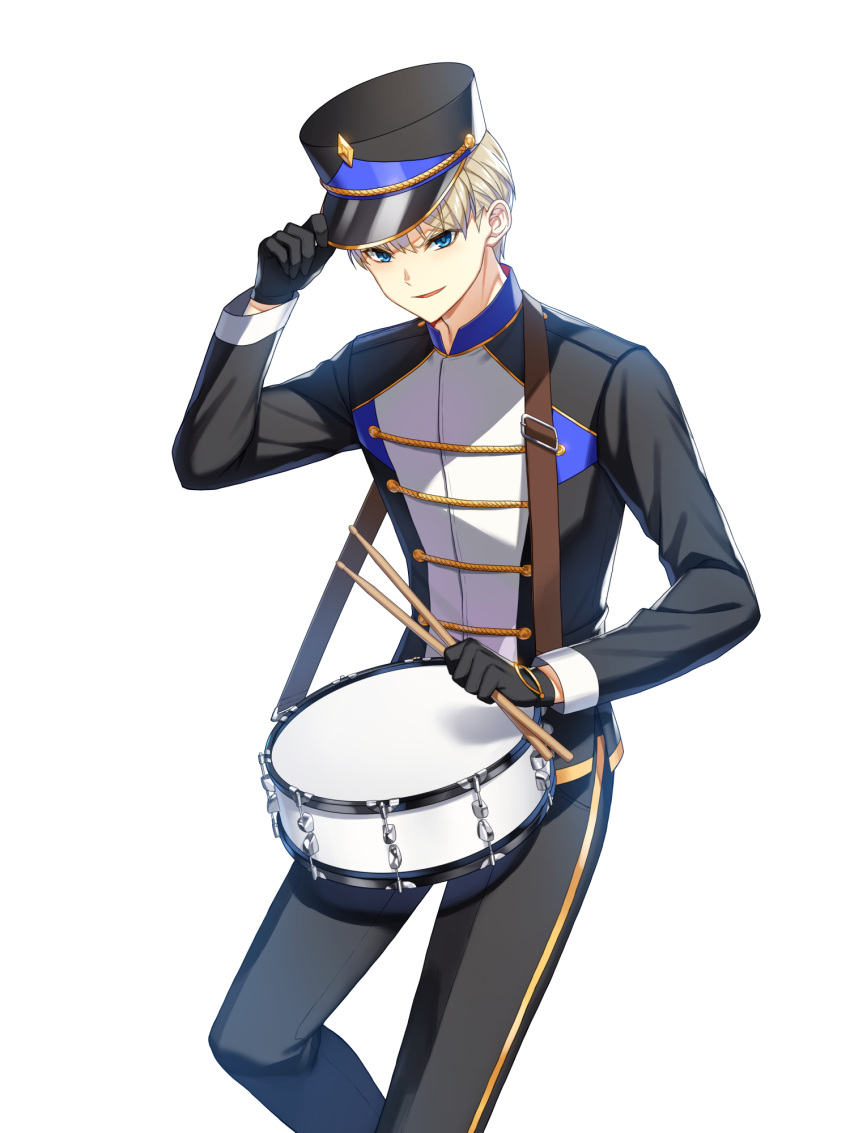 1boy adjusting_clothes adjusting_headwear alternate_hair_color band_uniform black_gloves black_headwear black_jacket black_pants blonde_hair blue_eyes buttons closers collared_jacket double-breasted drumsticks feet_out_of_frame gloves hand_on_headwear hand_up hat high_collar highres holding holding_drumsticks jacket leg_up long_sleeves looking_at_viewer male_focus marching_band nata_(closers) official_art pants parted_lips shako_cap short_hair single_vertical_stripe smile snare_drum solo standing standing_on_one_leg uniform v-shaped_eyebrows white_background