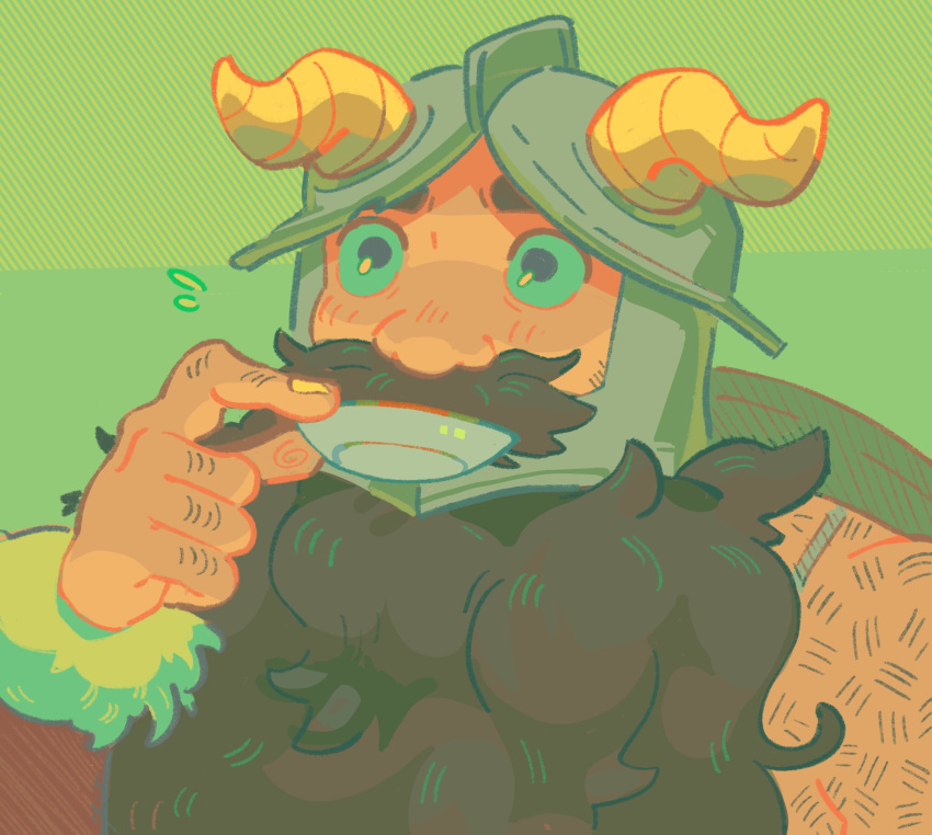 1boy arm_hair austin_(ausclaw) bara beard brown_hair drinking dungeon_meshi dwarf facial_hair fake_horns green_background helmet highres horned_helmet horns knuckle_hair long_beard looking_up male_focus notice_lines senshi_(dungeon_meshi) solo thick_mustache upper_body very_long_beard