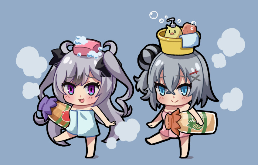 2girls azur_lane black_hair black_ribbon blue_background blue_eyes chibi crossed_bangs elbe_(azur_lane) fang grey_hair hair_bun hair_ornament hair_ribbon jade_(azur_lane) long_hair manjuu_(azur_lane) medium_hair micchi_(umatankita) multicolored_hair multiple_girls naked_towel purple_eyes ribbon simple_background single_hair_bun skin_fang smile soap soap_bottle soap_bubbles steam streaked_hair towel two_side_up x_hair_ornament