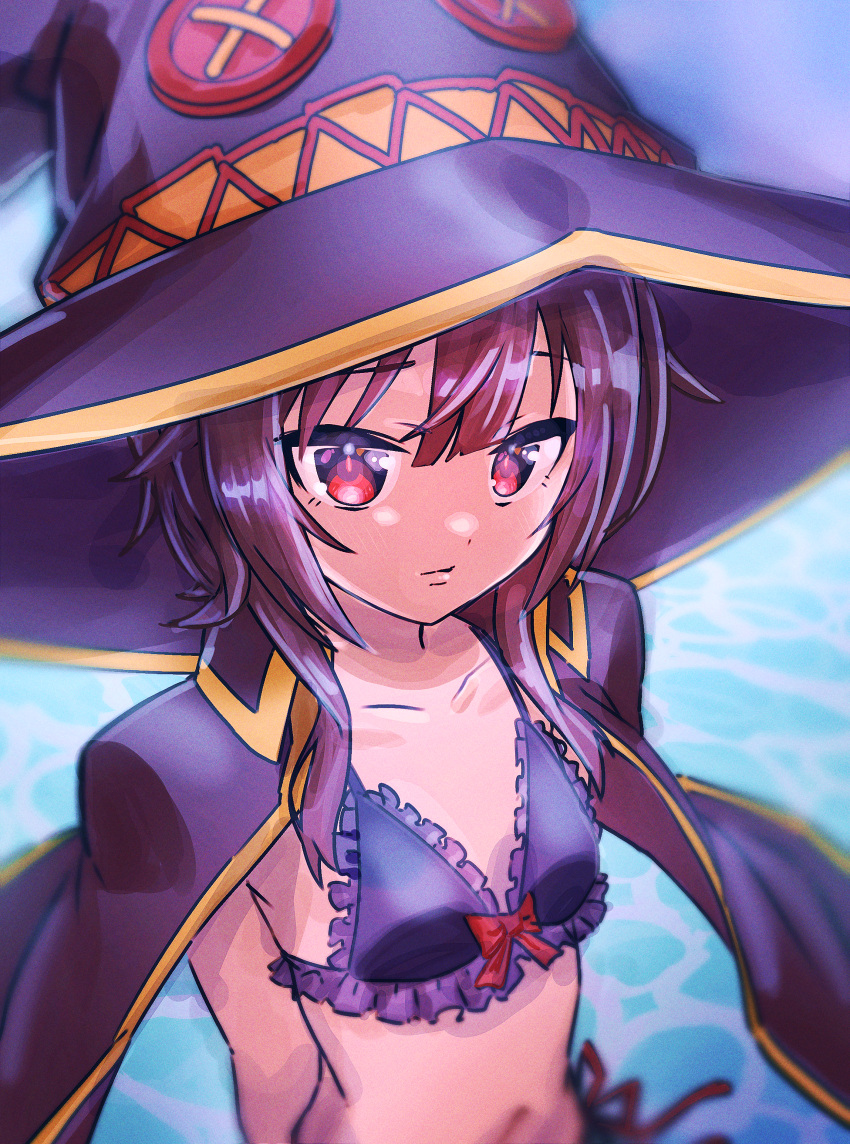 1girl absurdres arms_behind_back black_bra black_cloak black_headwear bow bow_bra bra breasts brown_hair cachi_lo cloak closed_mouth commentary frilled_bra frills frown hat highres kono_subarashii_sekai_ni_shukufuku_wo! looking_at_viewer megumin navel red_eyes short_hair_with_long_locks small_breasts solo underwear witch_hat